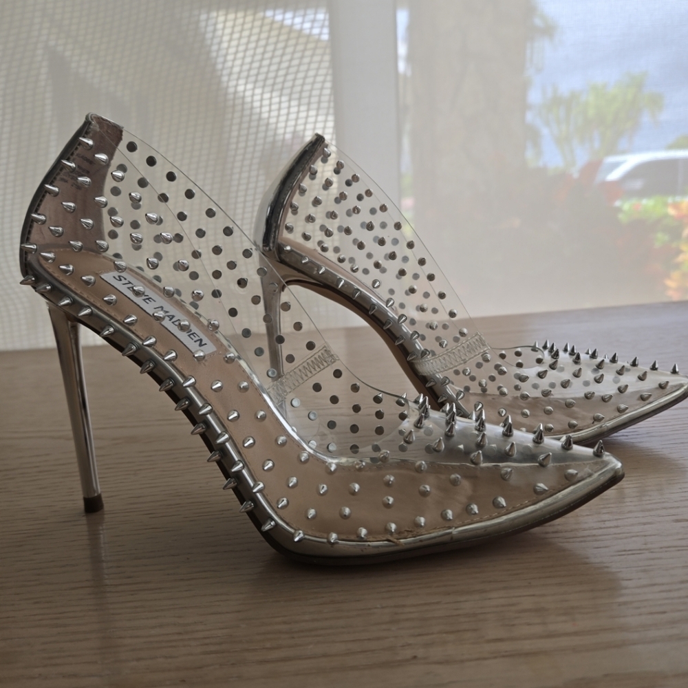 Steve Madden Clear and Silver Studded Heels 4.2 Inches/ 10.5 Cm Vala-S Size 7.5